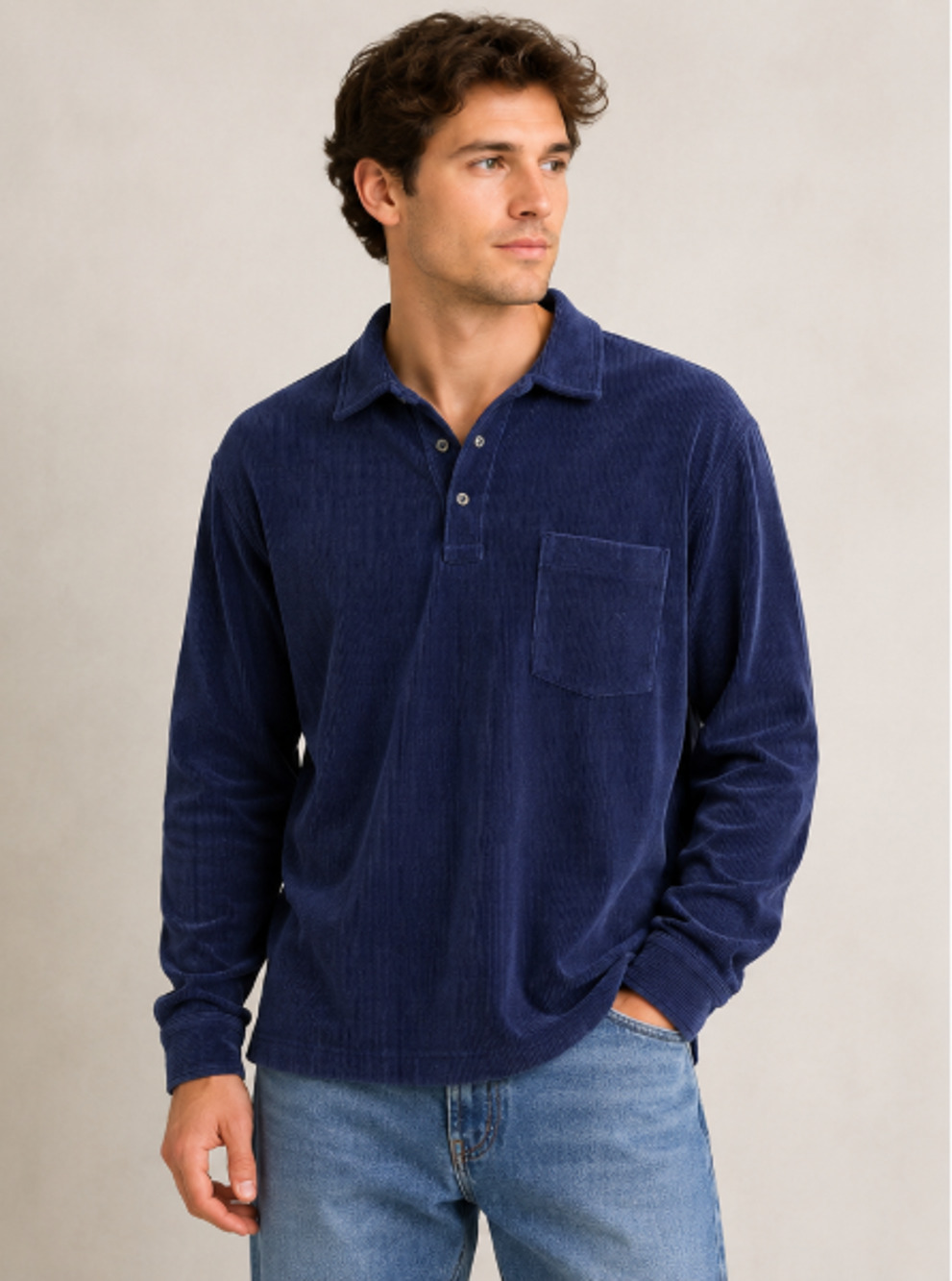 VTG Polo Ralph Lauren Men Blue Lightweight Corduroy Polo Shirt Long Slv M Preppy